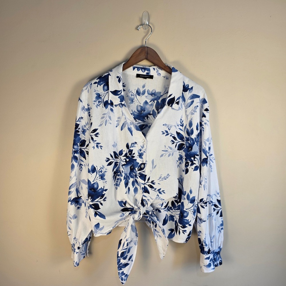 Ellen Tracy Floral Bloom Linen Blend Tie Front Blouse Blue White XL ETWS4001